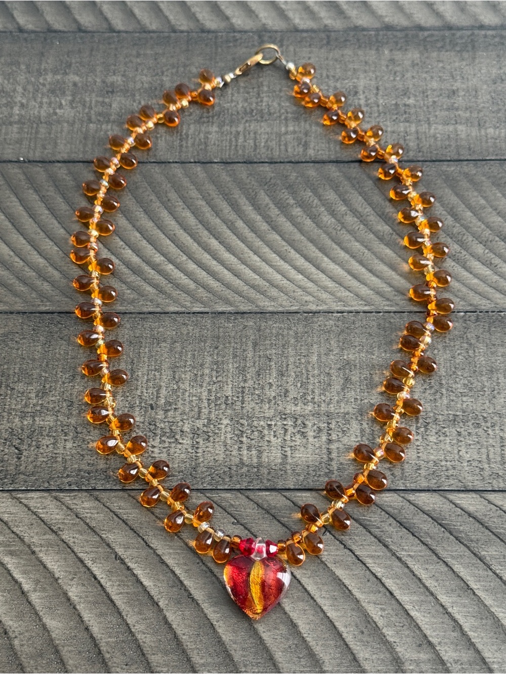 Amber Glass Bead Necklace with Red-Orange Heart Pendant -